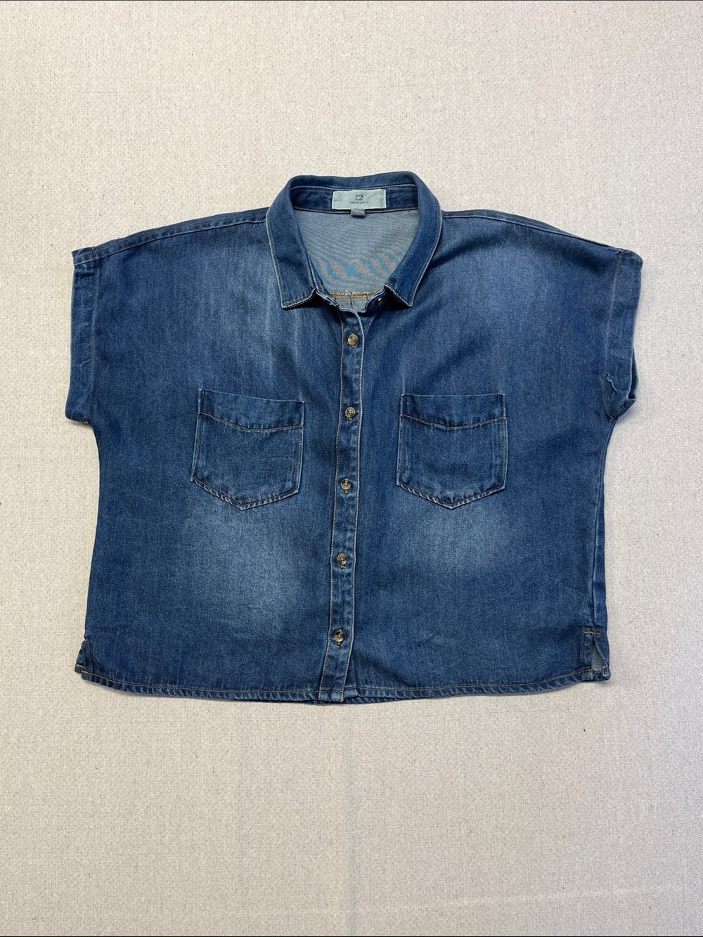 Thread Supply L Denim Tencel Button Front Short Sleeve Chambray Top